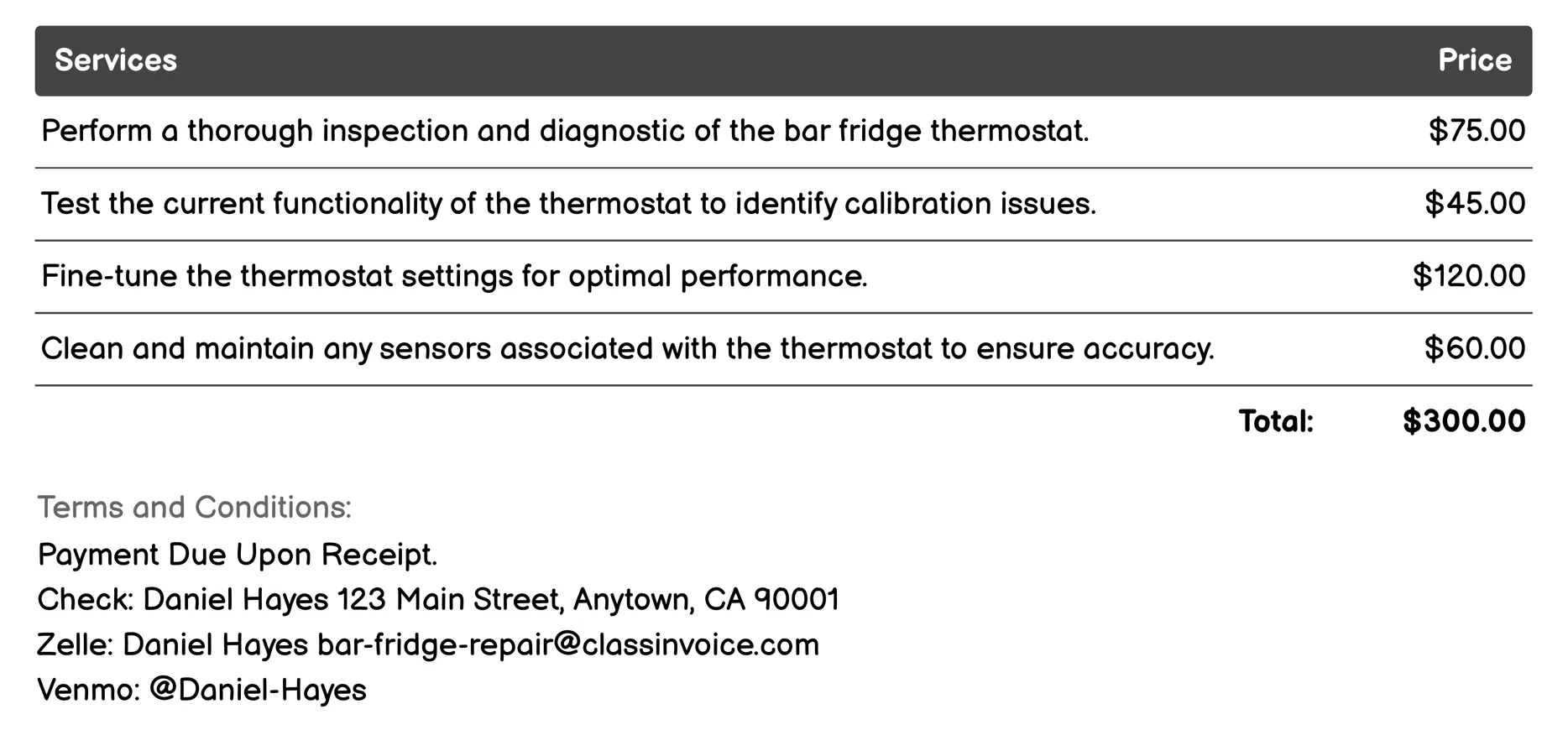 Thermostat Calibration Invoice Example