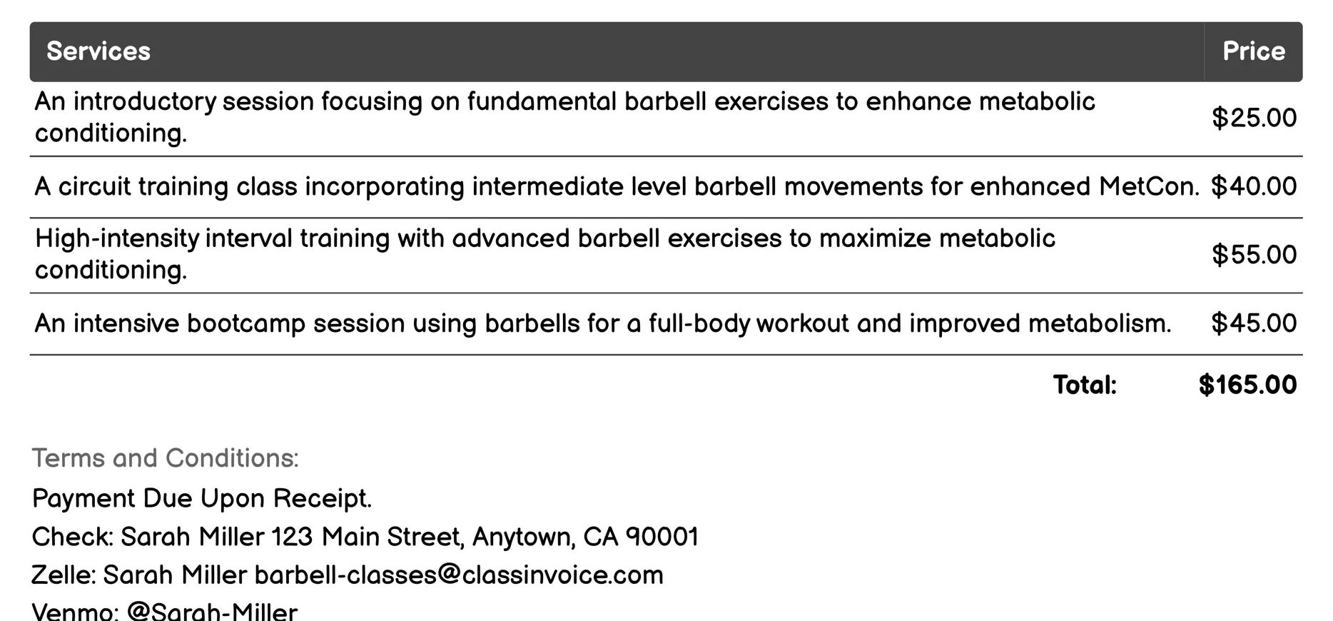 Metabolic Conditioning (MetCon) Invoice Example