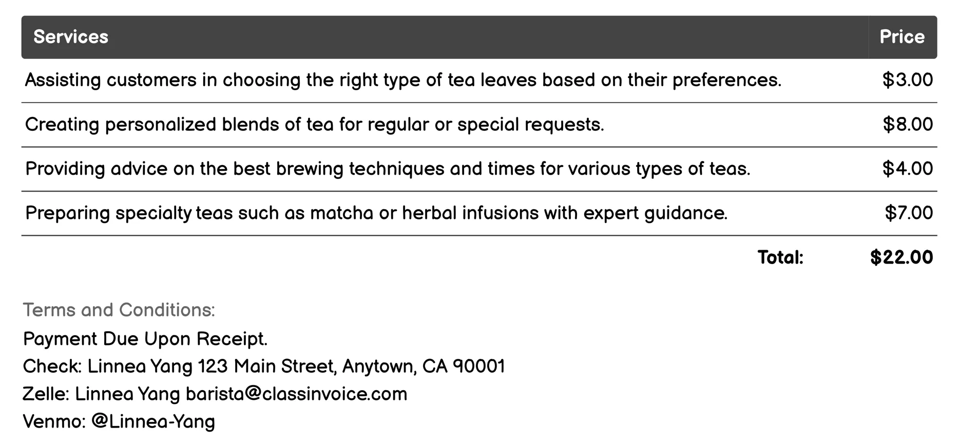 Tea Preparation Invoice Example