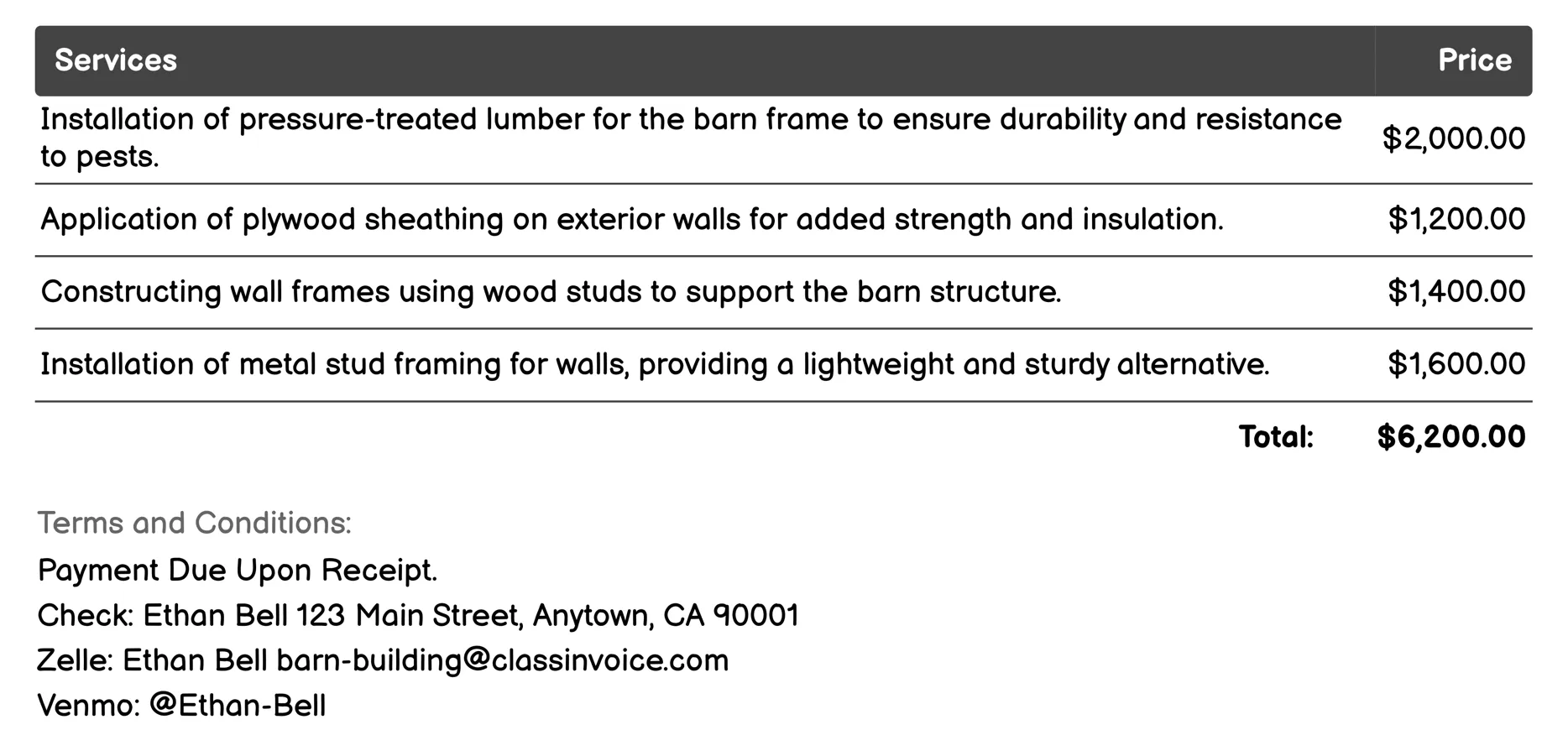 Walls and Framing Invoice Example