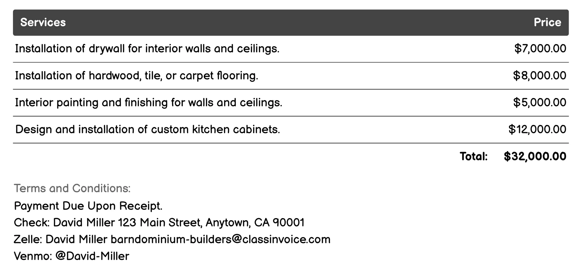 Interior Development Invoice Example