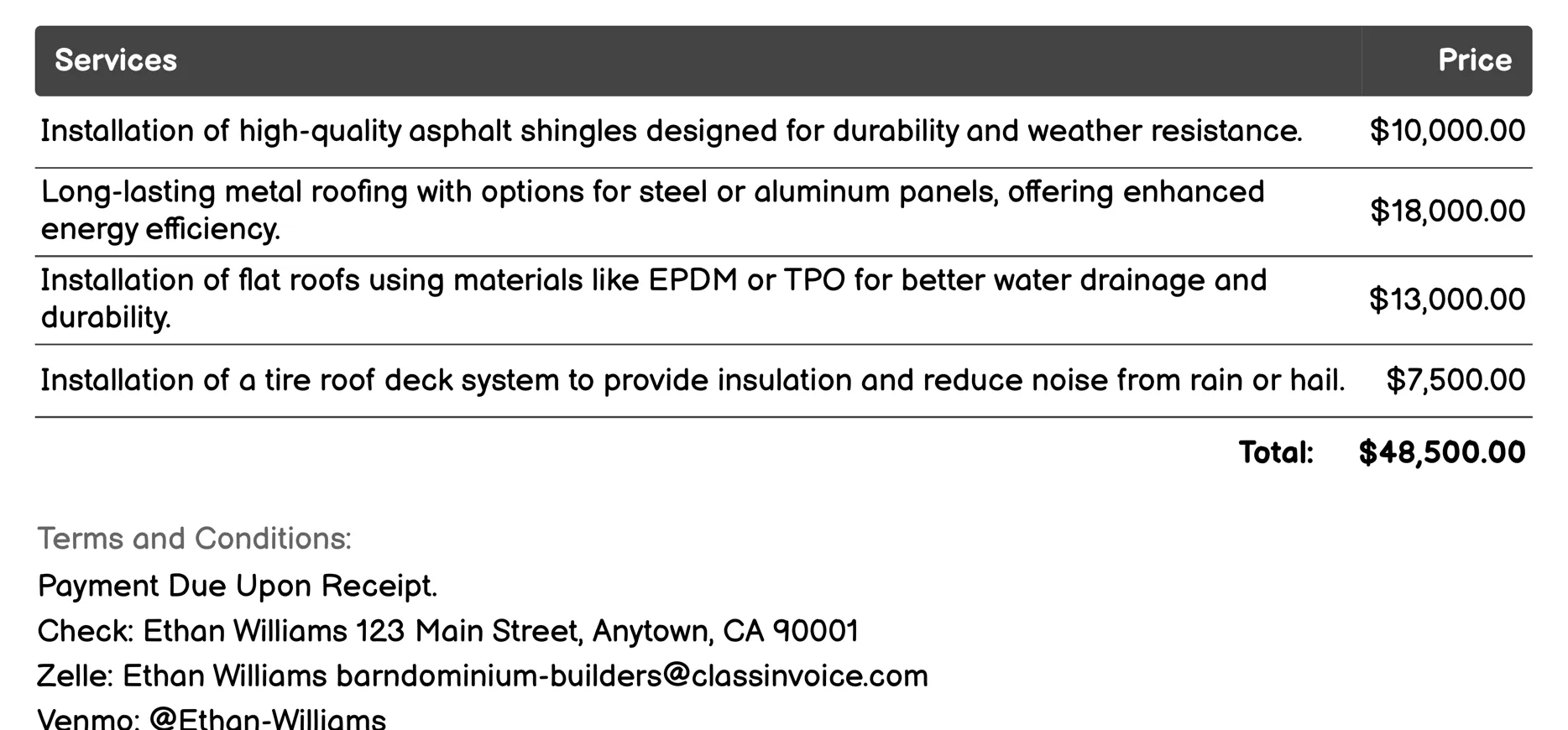 Roof Installation Invoice Example