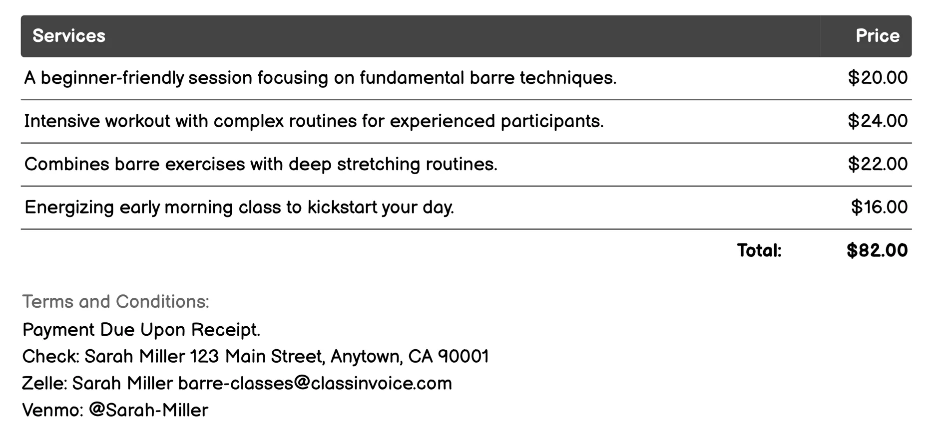 Pilates Barre Invoice Example