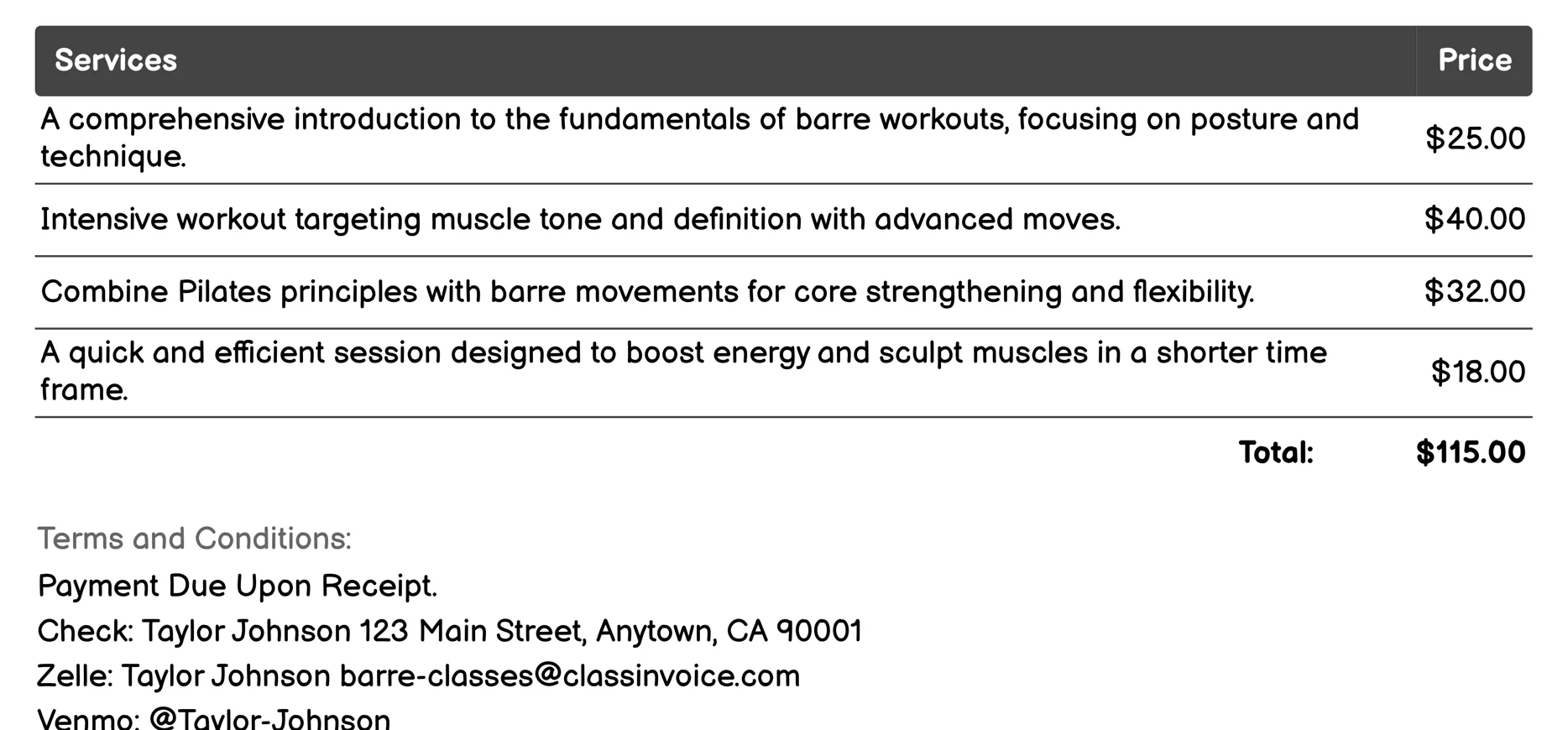 Stretch and Sculpt Barre Invoice Example