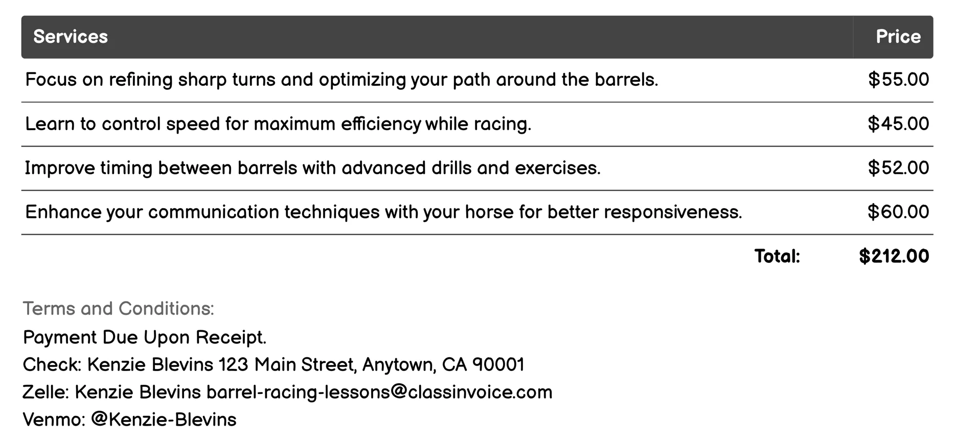 Advanced Barrel Racing Techniques Invoice Example