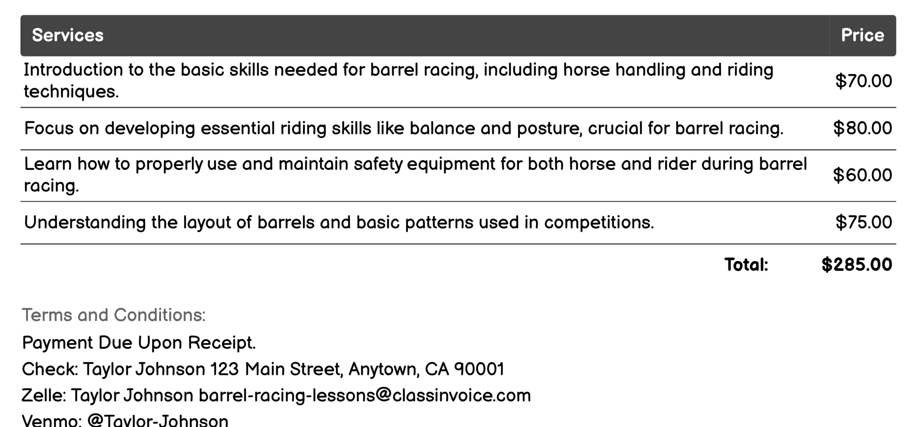 Beginner Barrel Racing Invoice Example