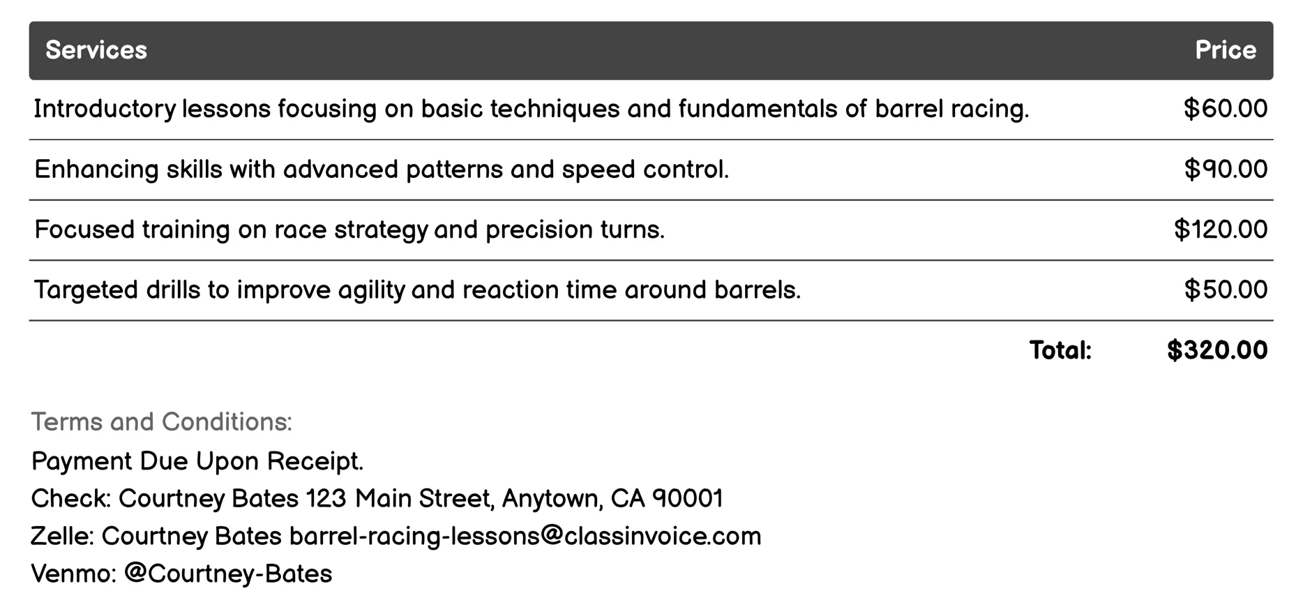 Horsemanship Skills Invoice Example
