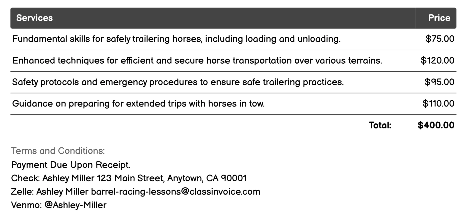 Trailering Tips & Techniques Invoice Example