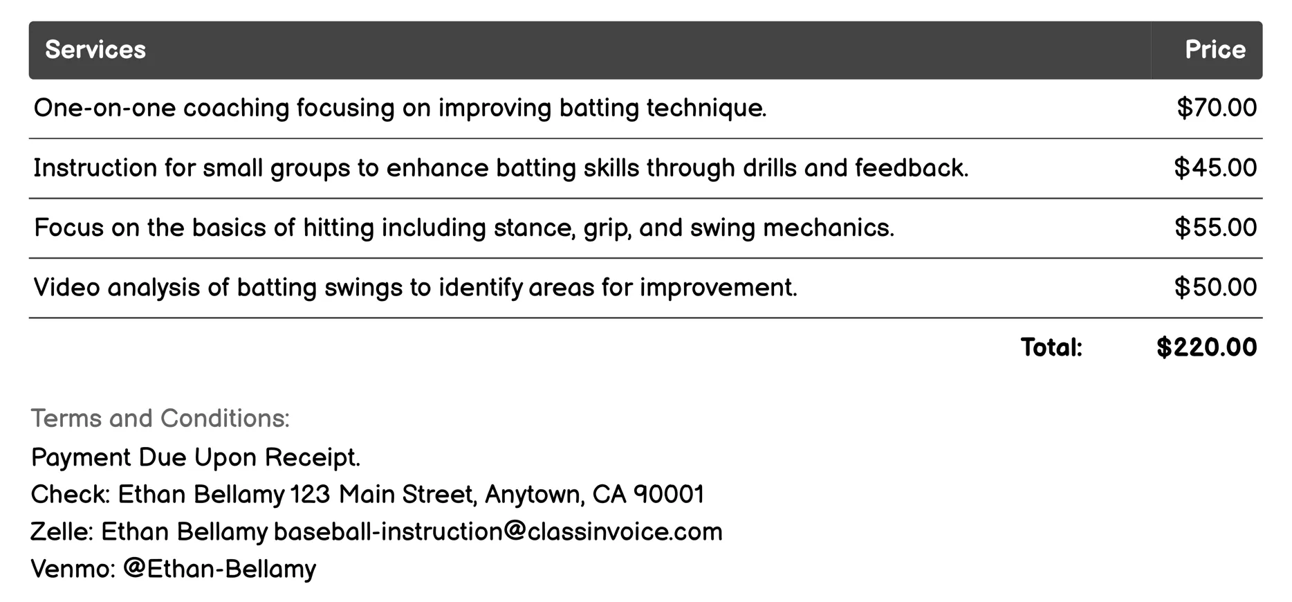 Batting Practice Sessions Invoice Example