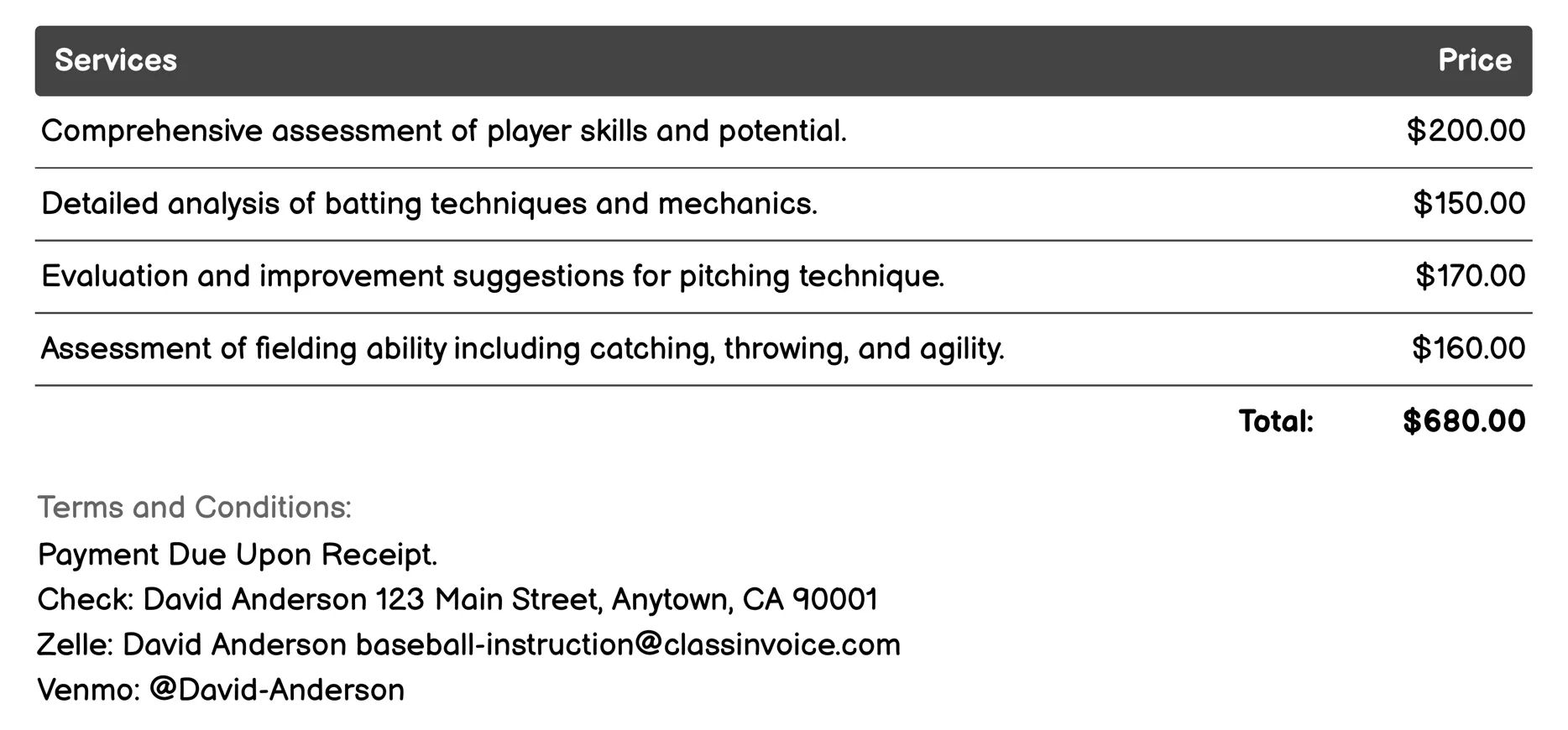 Scouting and Evaluation Services Invoice Example
