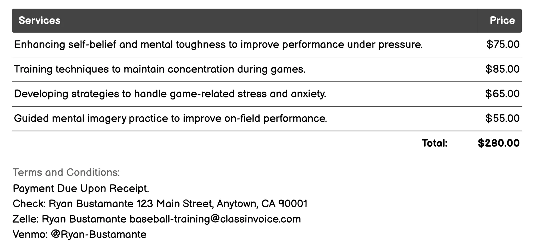 Mental Game Coaching Invoice Example