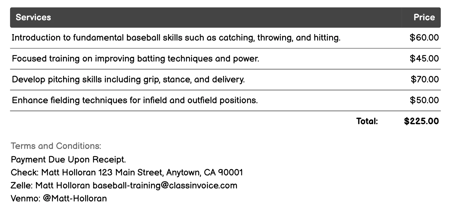 Youth Development Programs Invoice Example