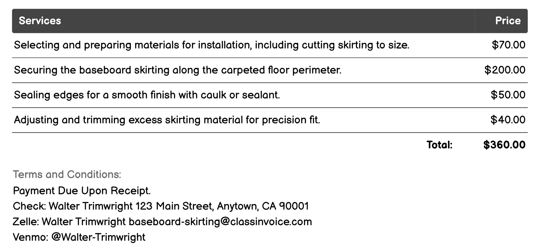 Carpeted Baseboard Skirting Invoice Example