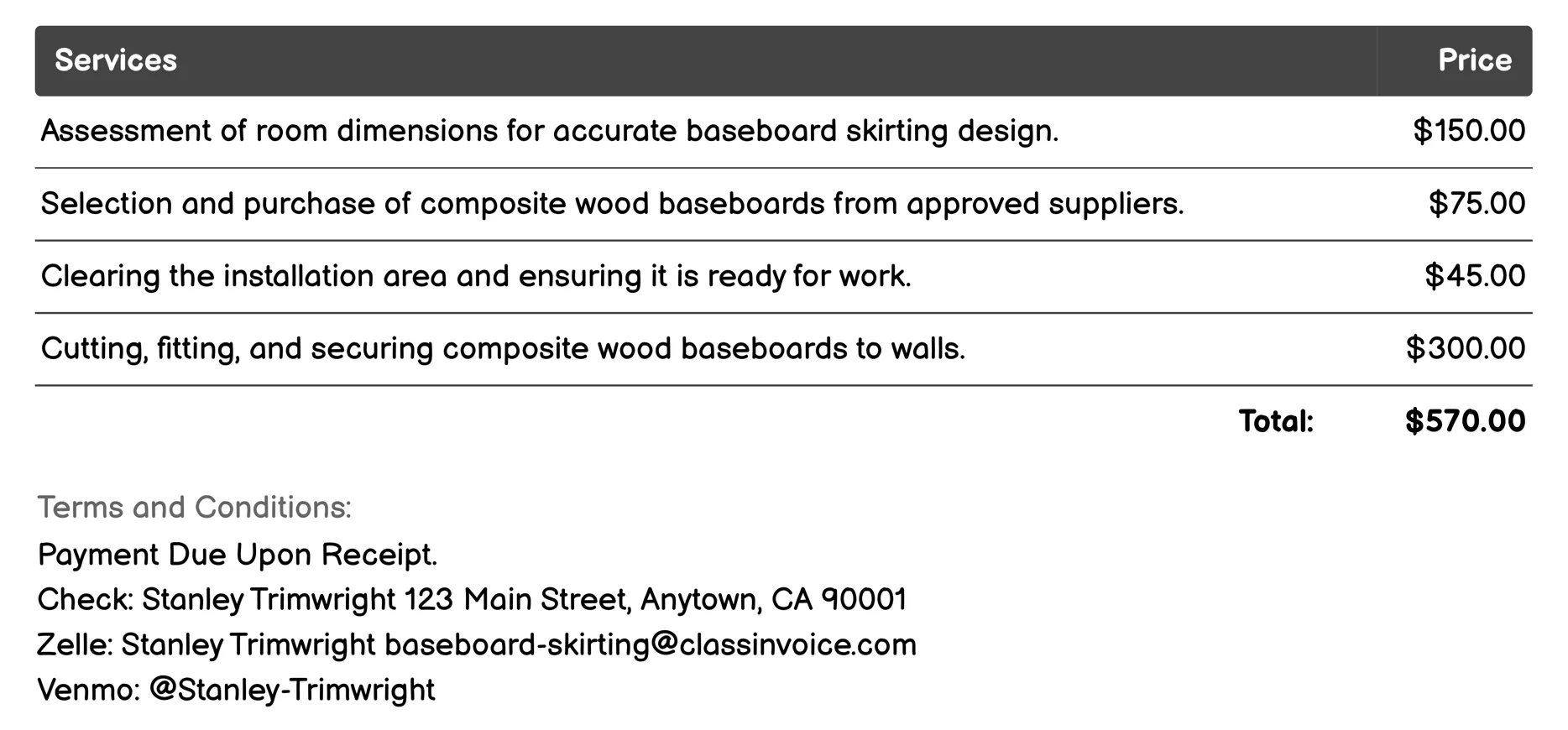Composite Wood Baseboard Skirting Invoice Example