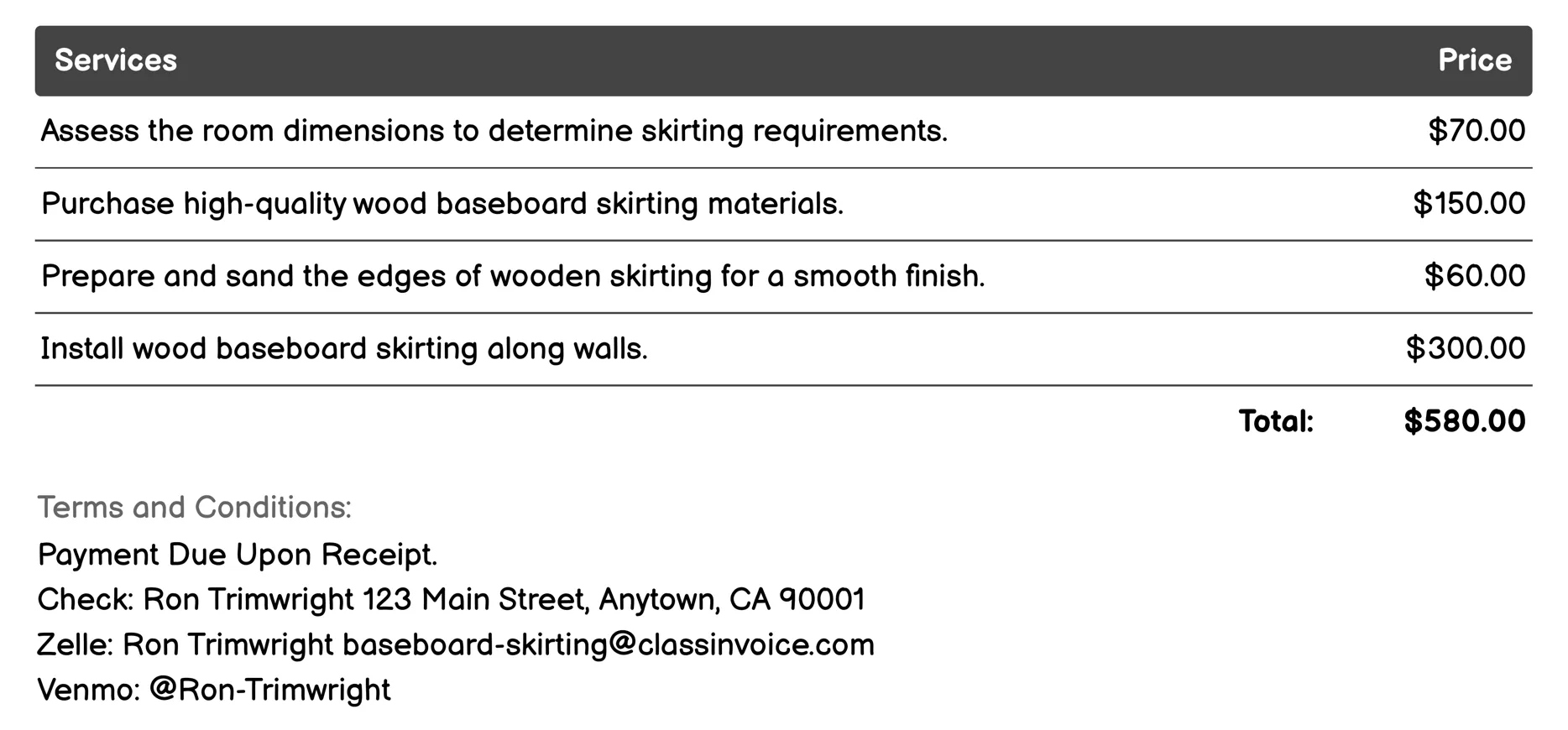 Wood Baseboard Skirting Invoice Example