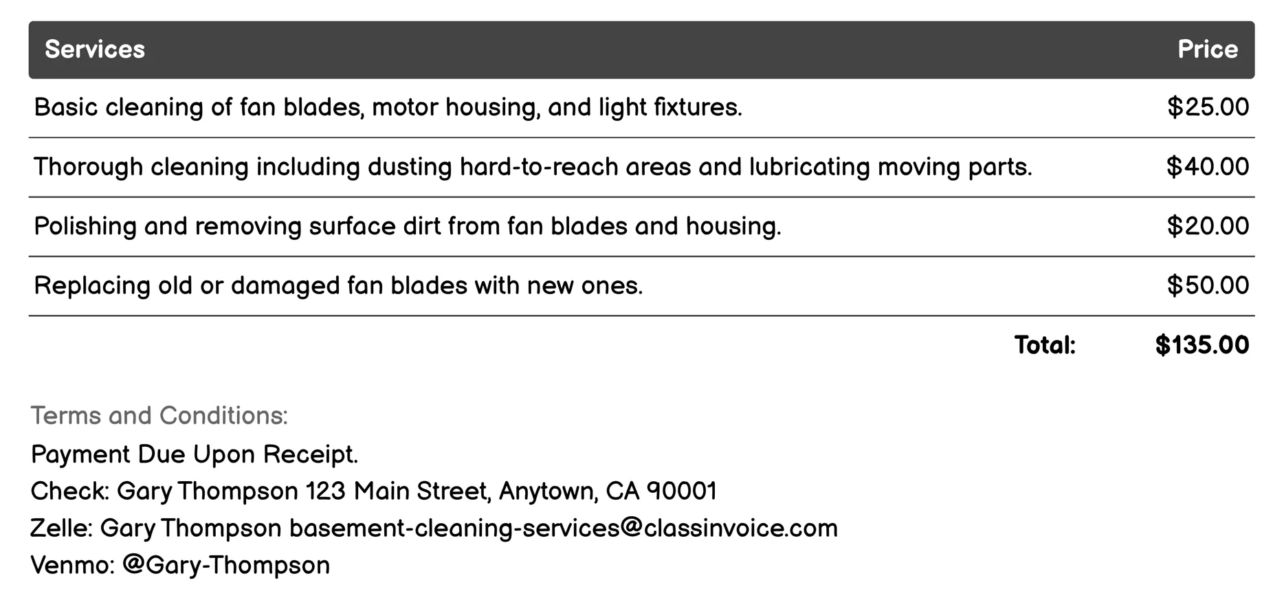 Ceiling Fan Cleaning Invoice Example