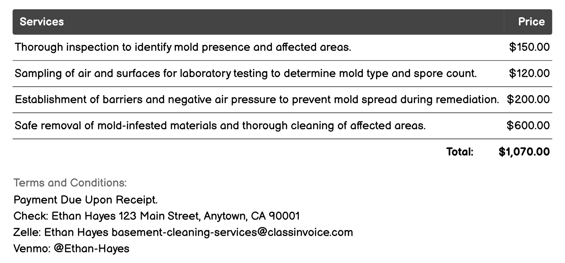 Mold Remediation Invoice Example