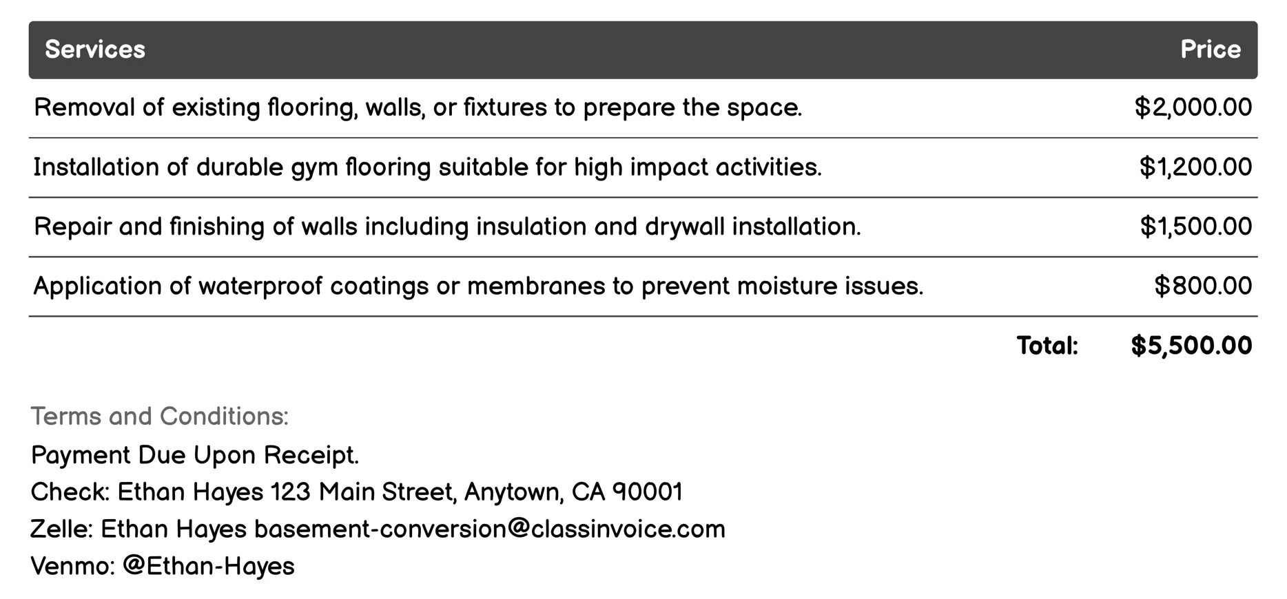Home Gym Creation Invoice Example