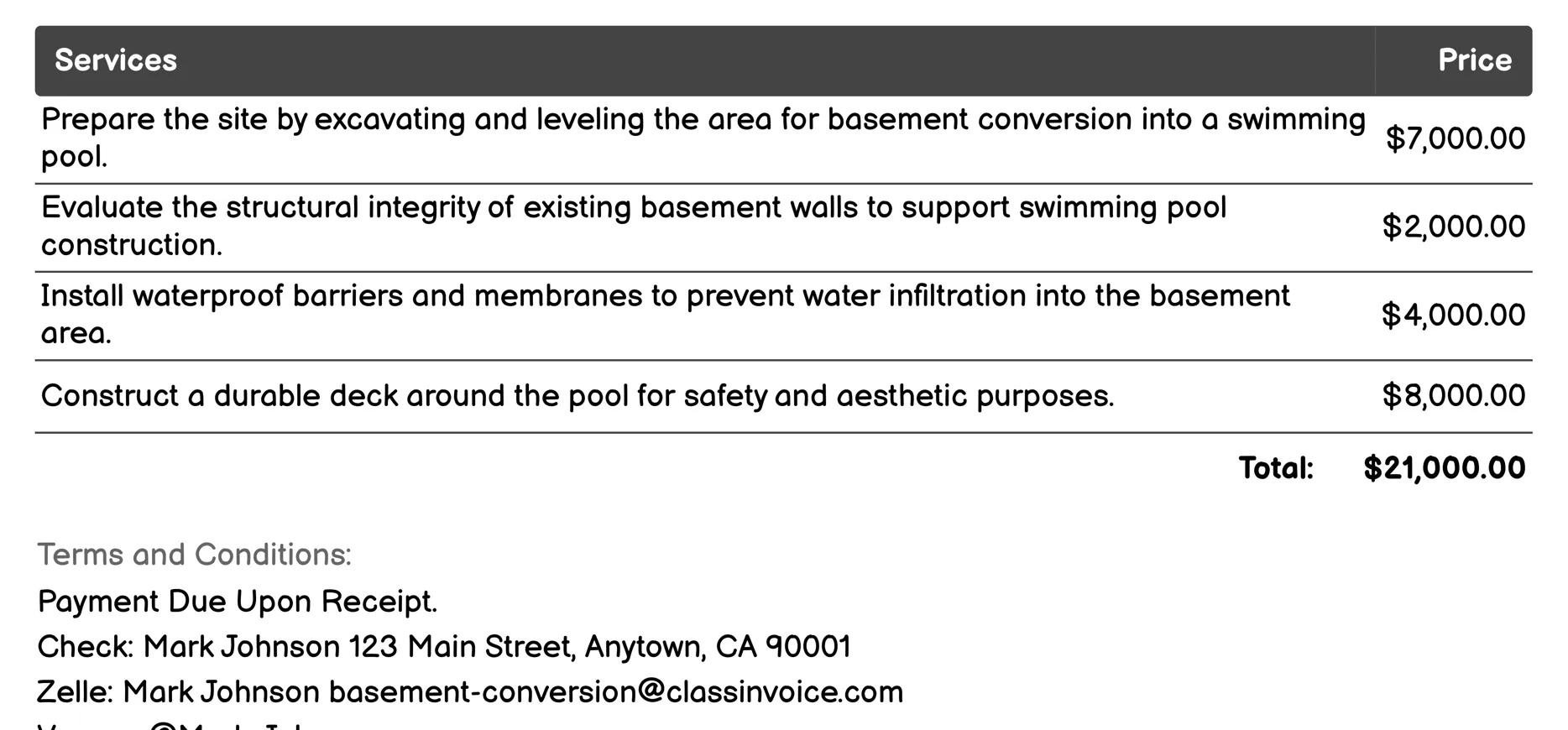 Swimming Pool Construction Invoice Example