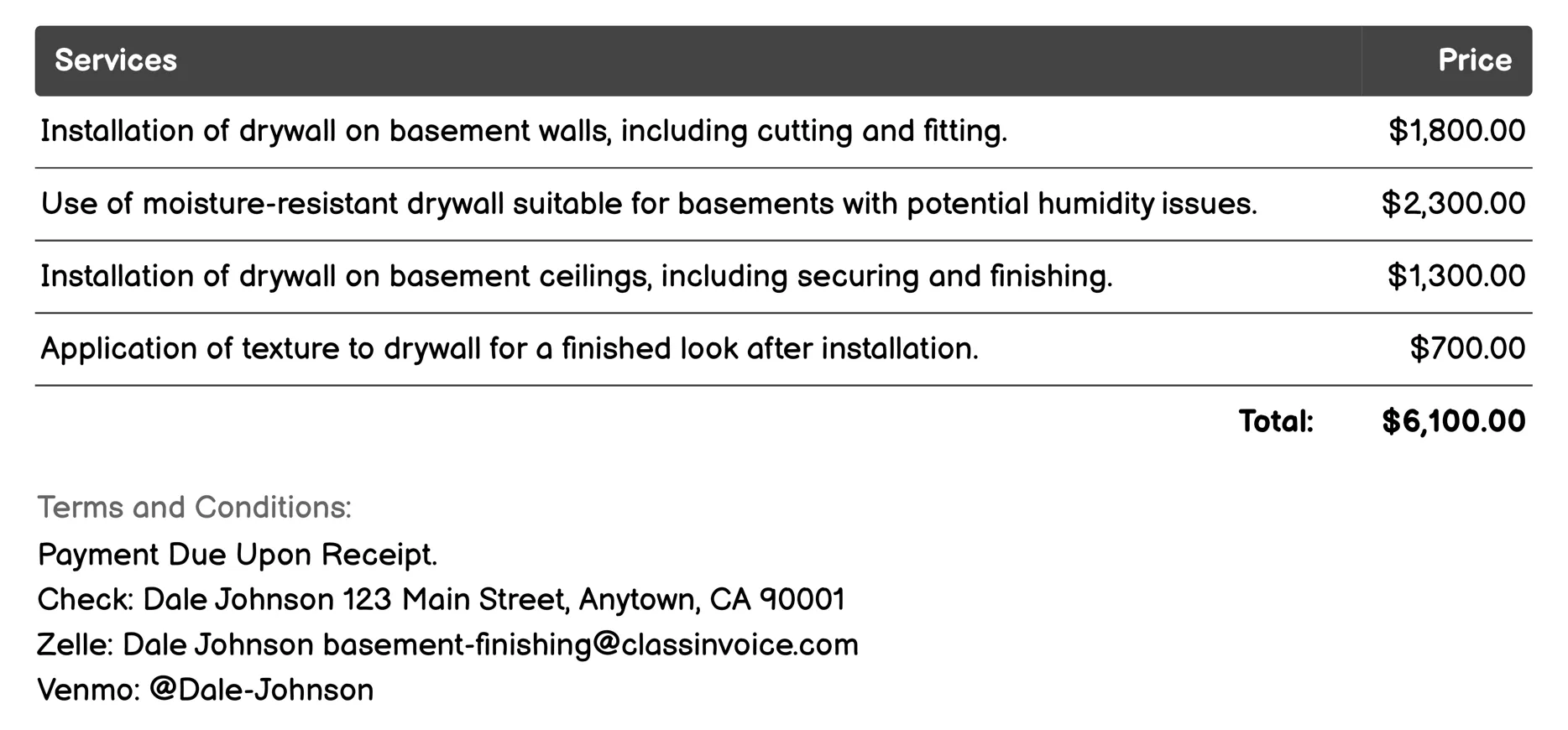 Drywall Installation Invoice Example