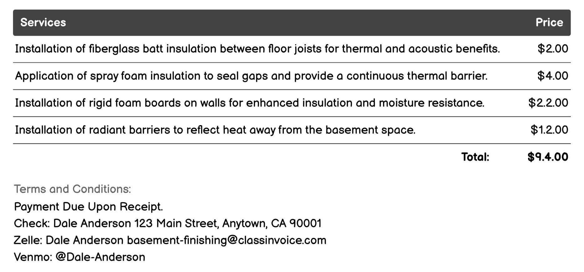 Insulation & Vapor Barriers Invoice Example