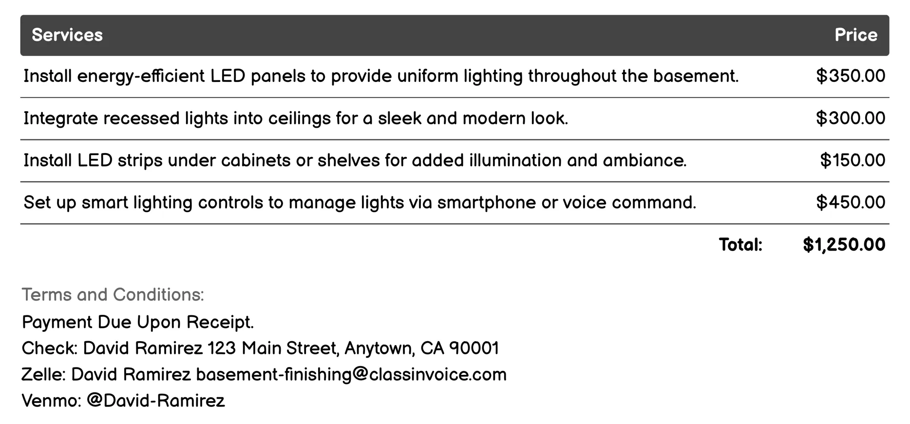 Lighting Solutions Invoice Example