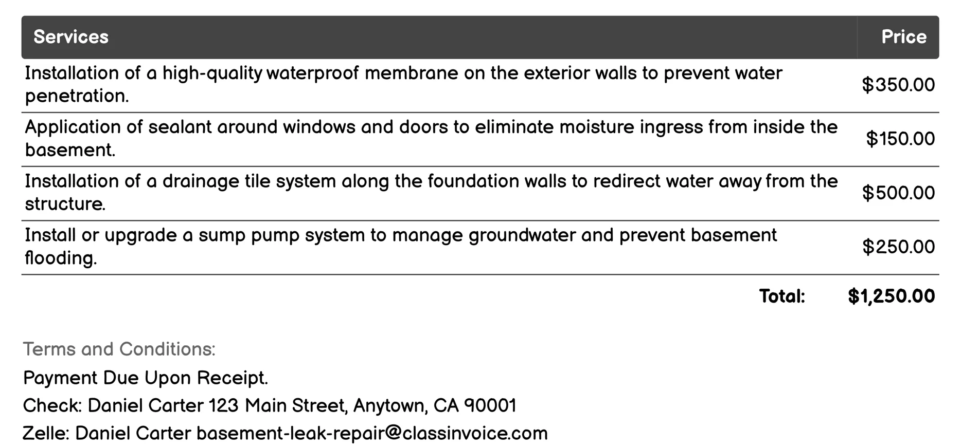 Moisture Barrier Installation Invoice Example