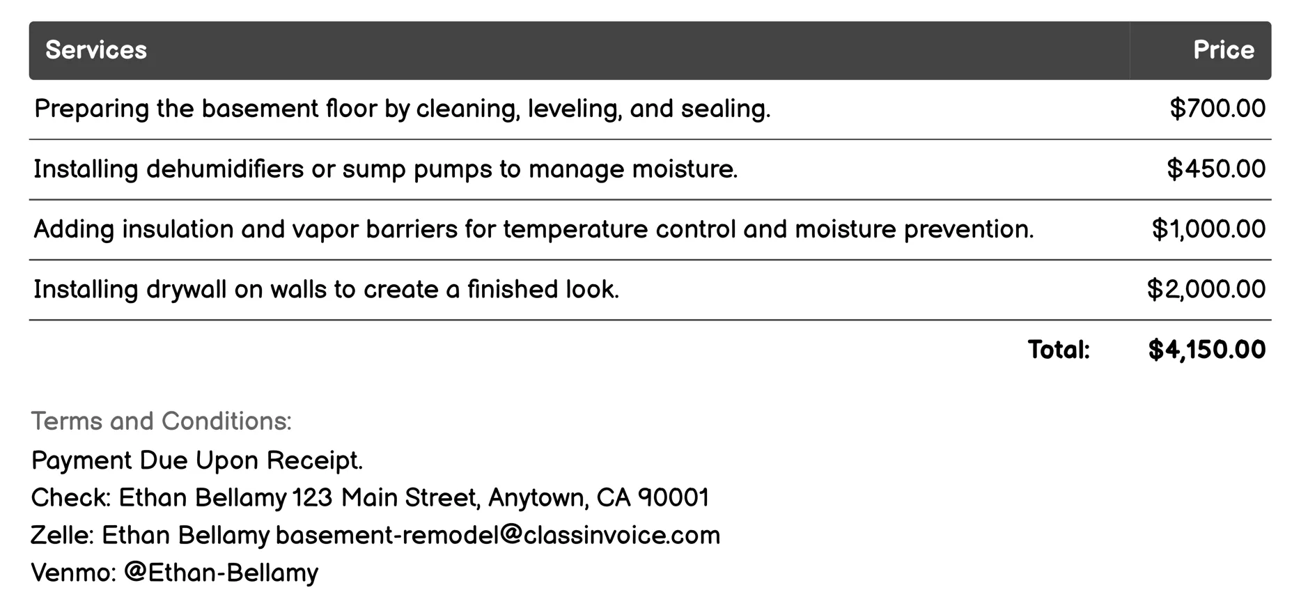 Family Room Development Invoice Example