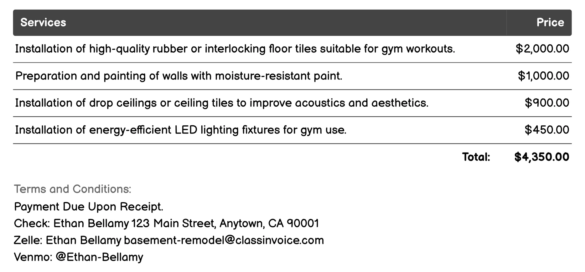 Gym Room Construction Invoice Example