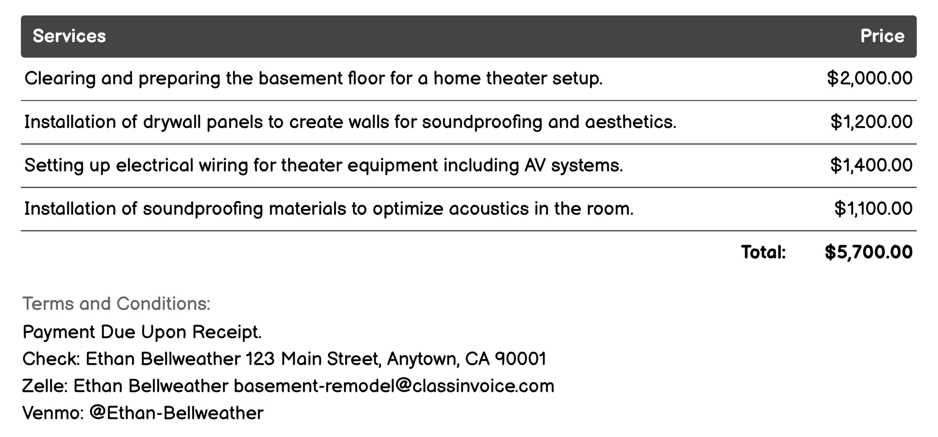 Home Theater Setup Invoice Example