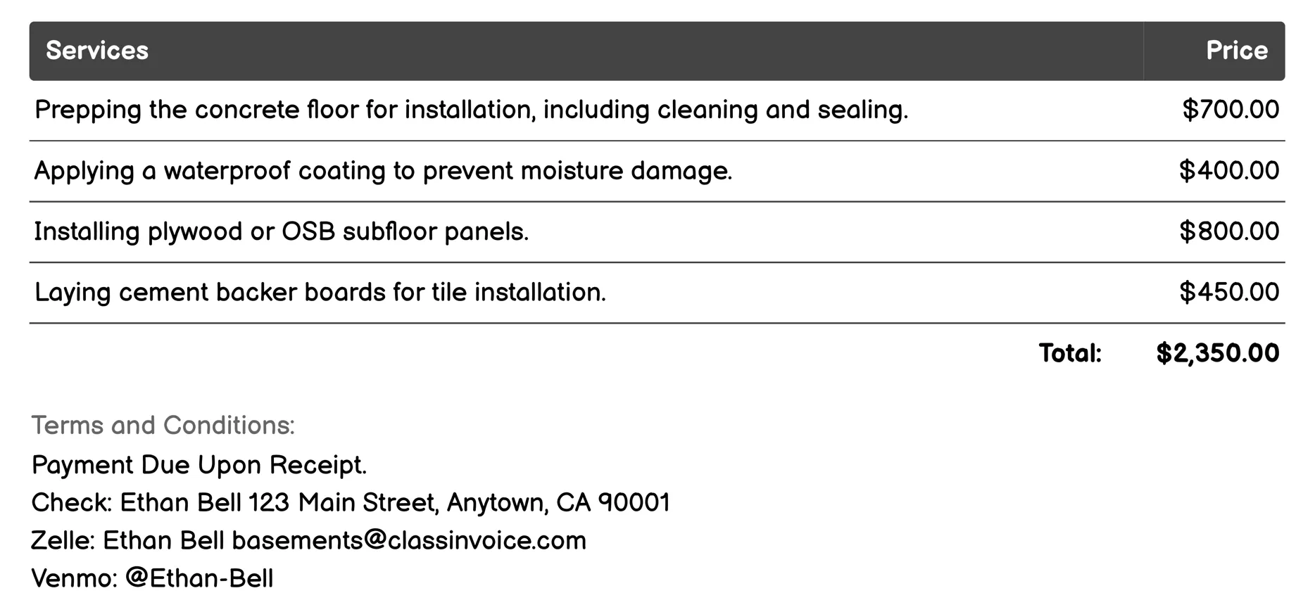 Basement Flooring Installation Invoice Example