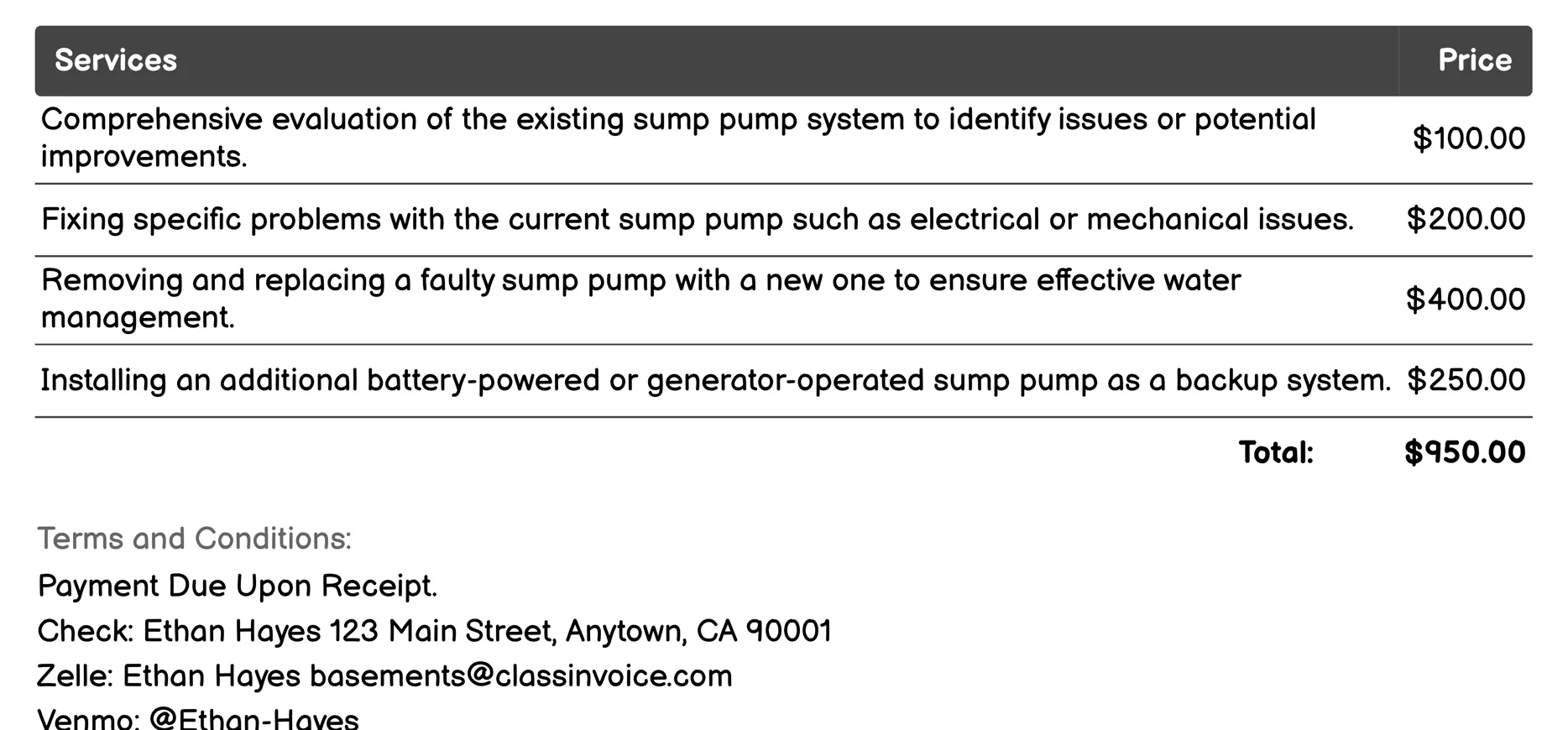Sump Pump Repair and Installation Invoice Example