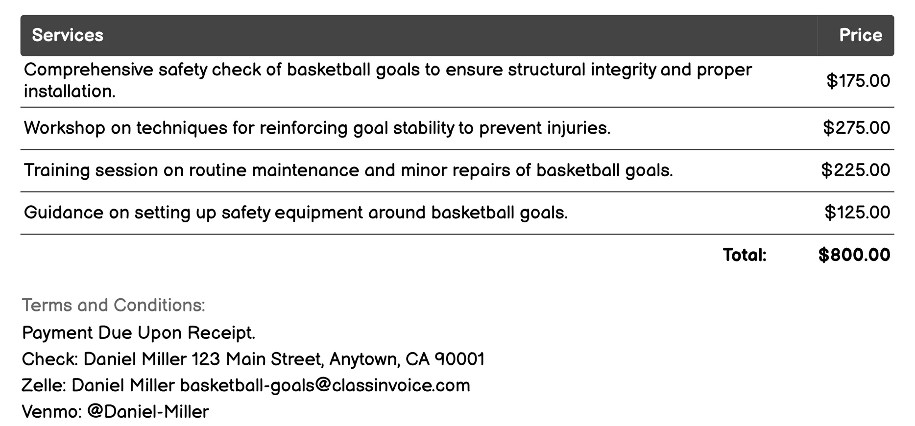 Training and Safety Workshops Invoice Example