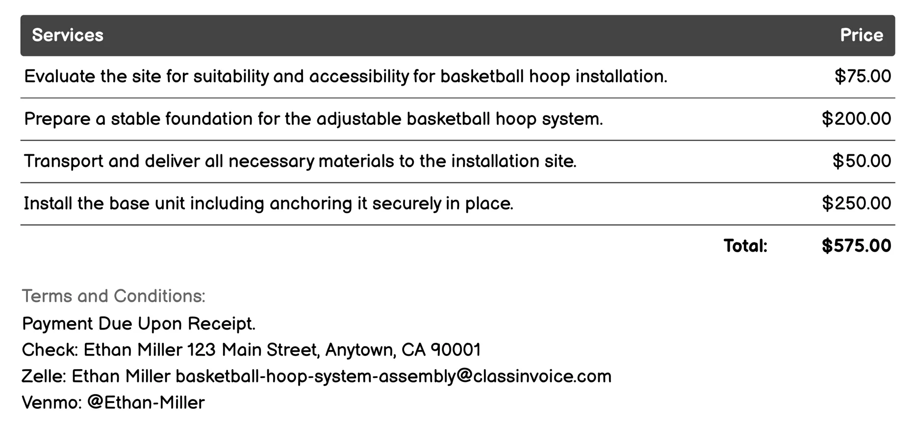 Adjustable Height Setup Invoice Example