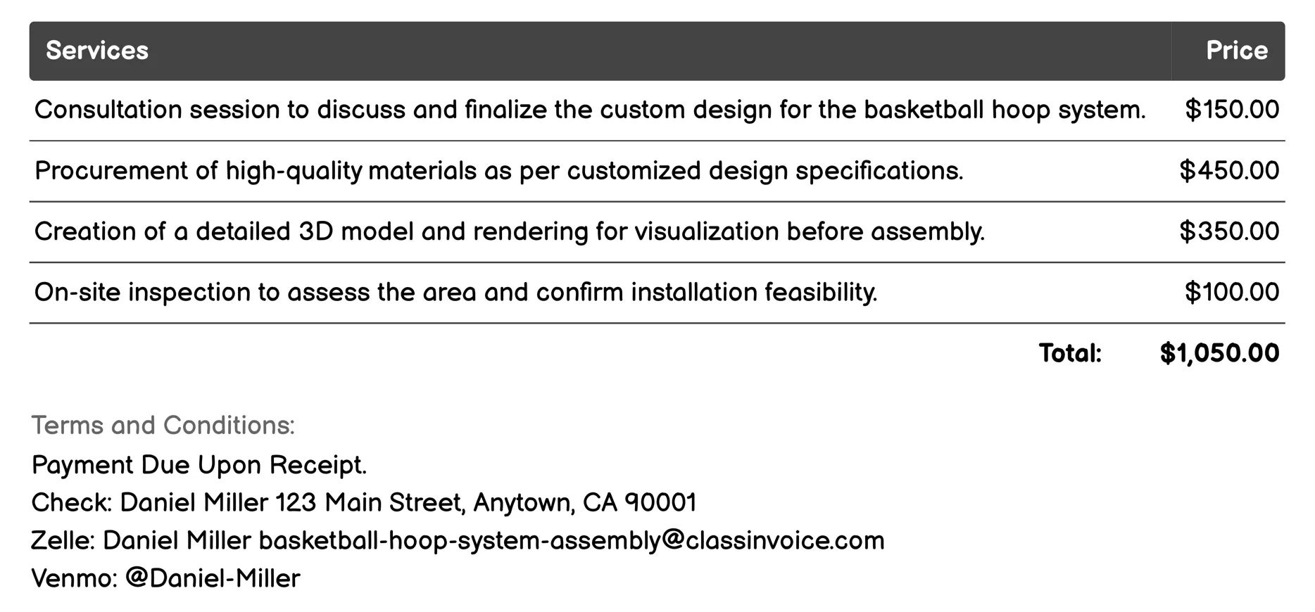 Customized Design Installation Invoice Example