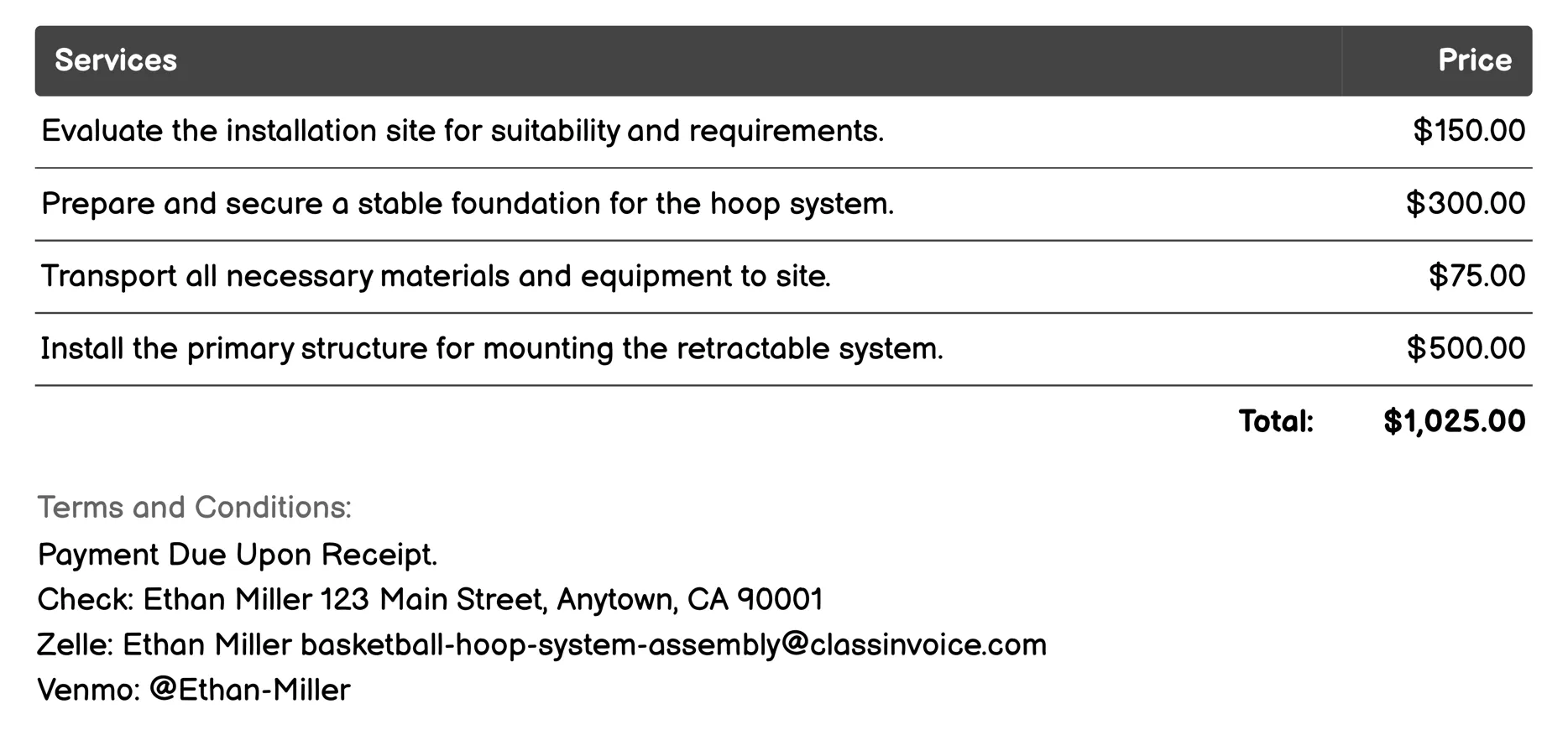 Retractable Hoop System Invoice Example