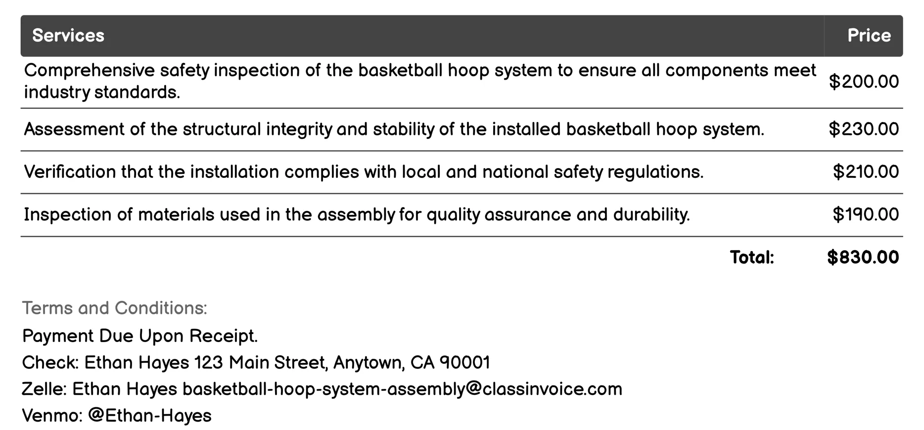 Safety Inspection and Compliance Invoice Example
