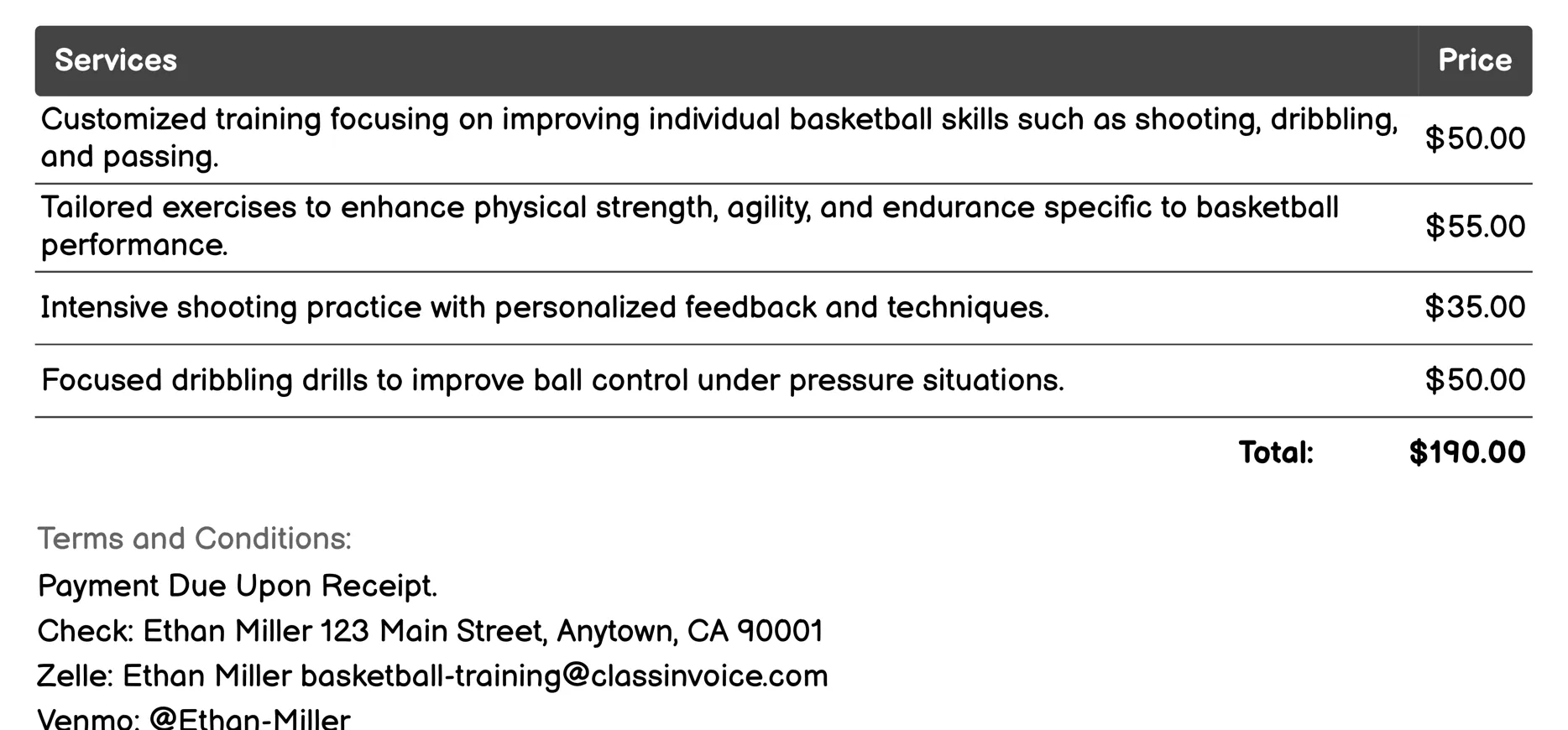One-on-One Coaching Invoice Example