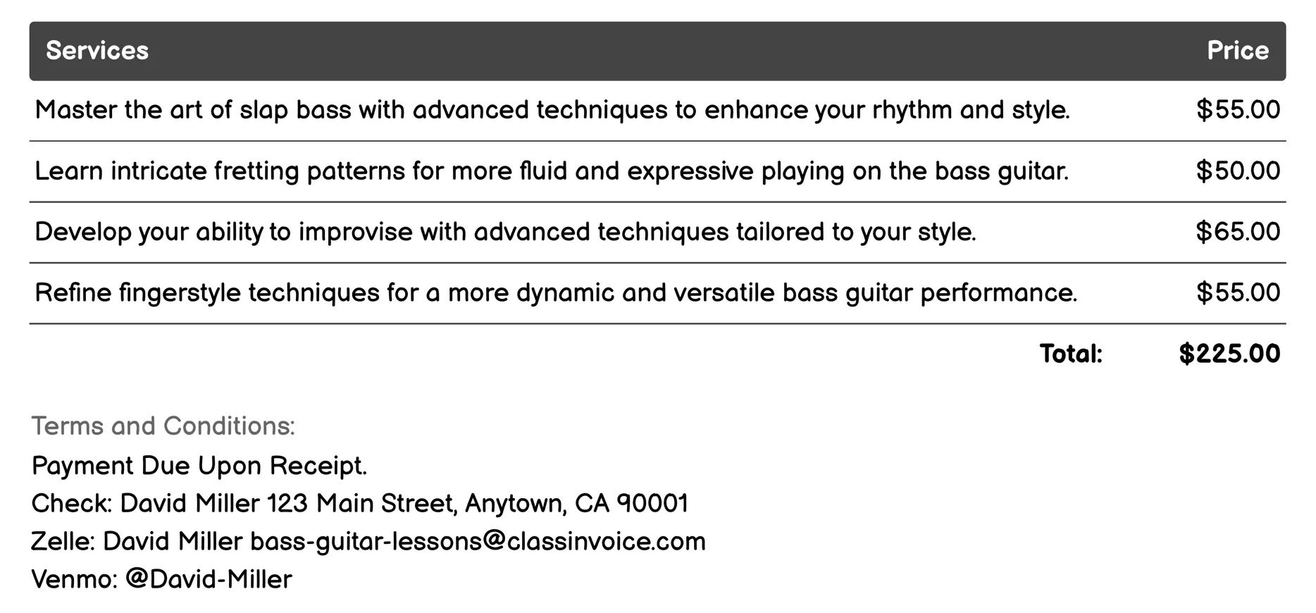 Advanced Bass Guitar Techniques Classes Invoice Example