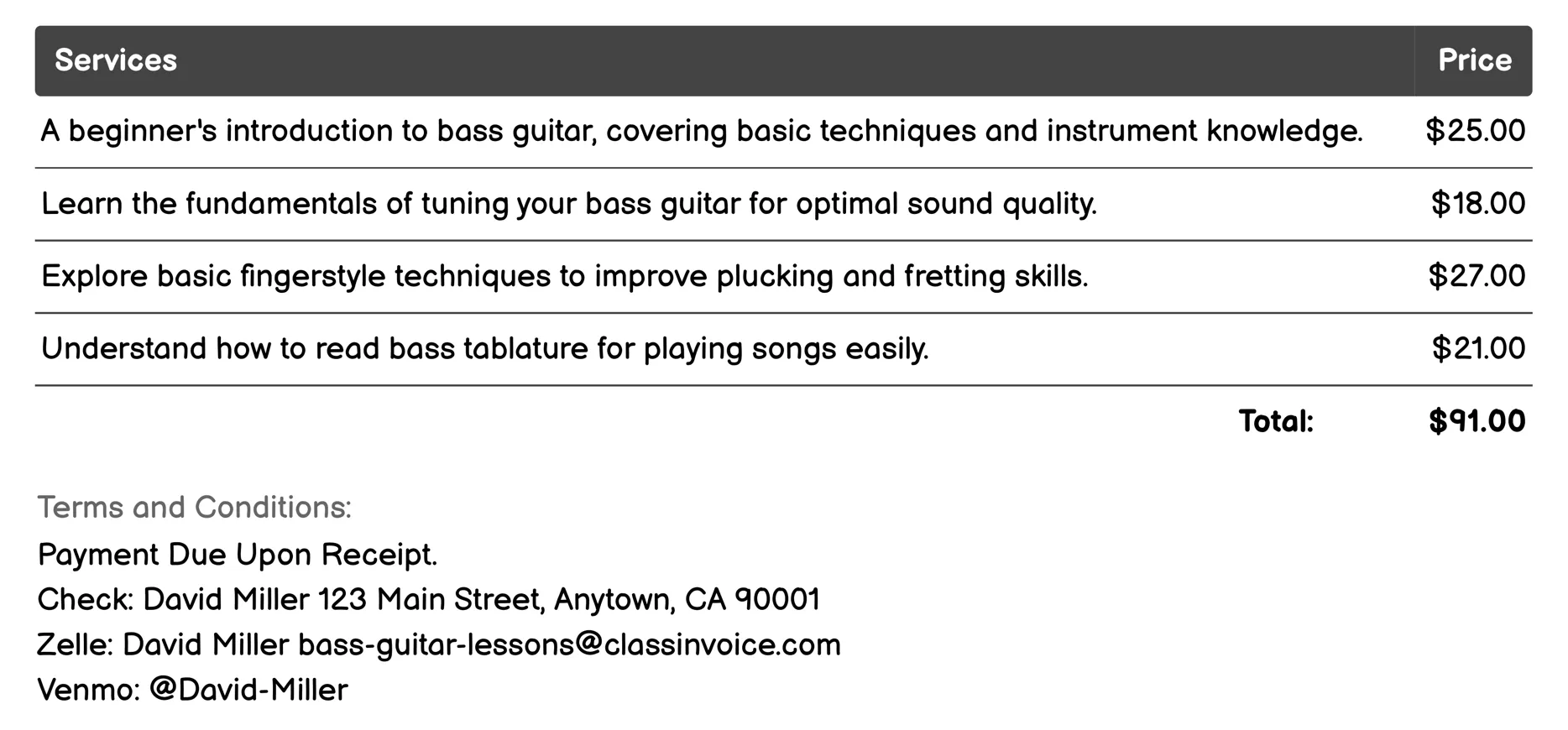 Beginner Bass Guitar Workshops Invoice Example