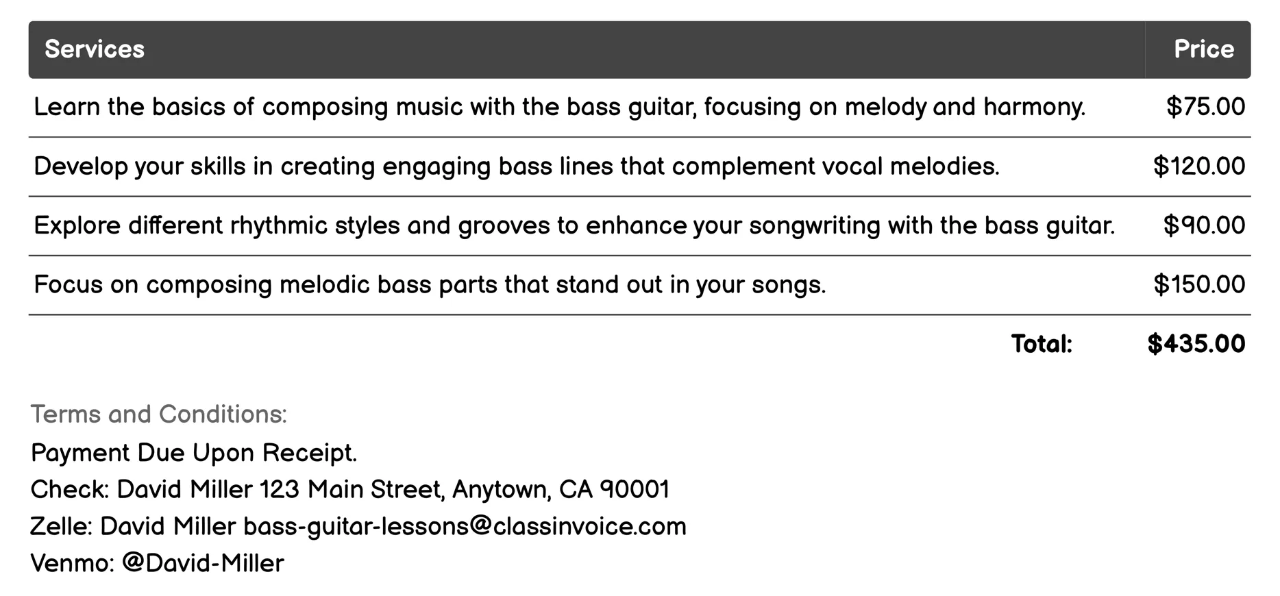 Songwriting with Bass Guitar Invoice Example