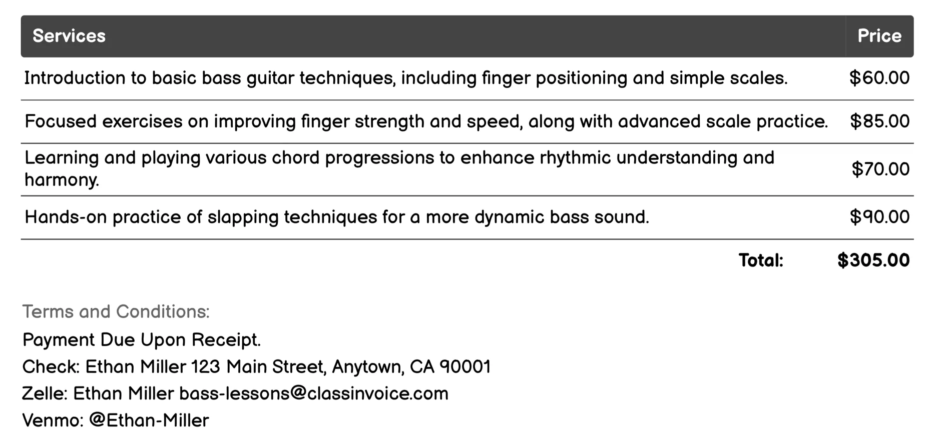 Bass Guitar Technique Development Invoice Example