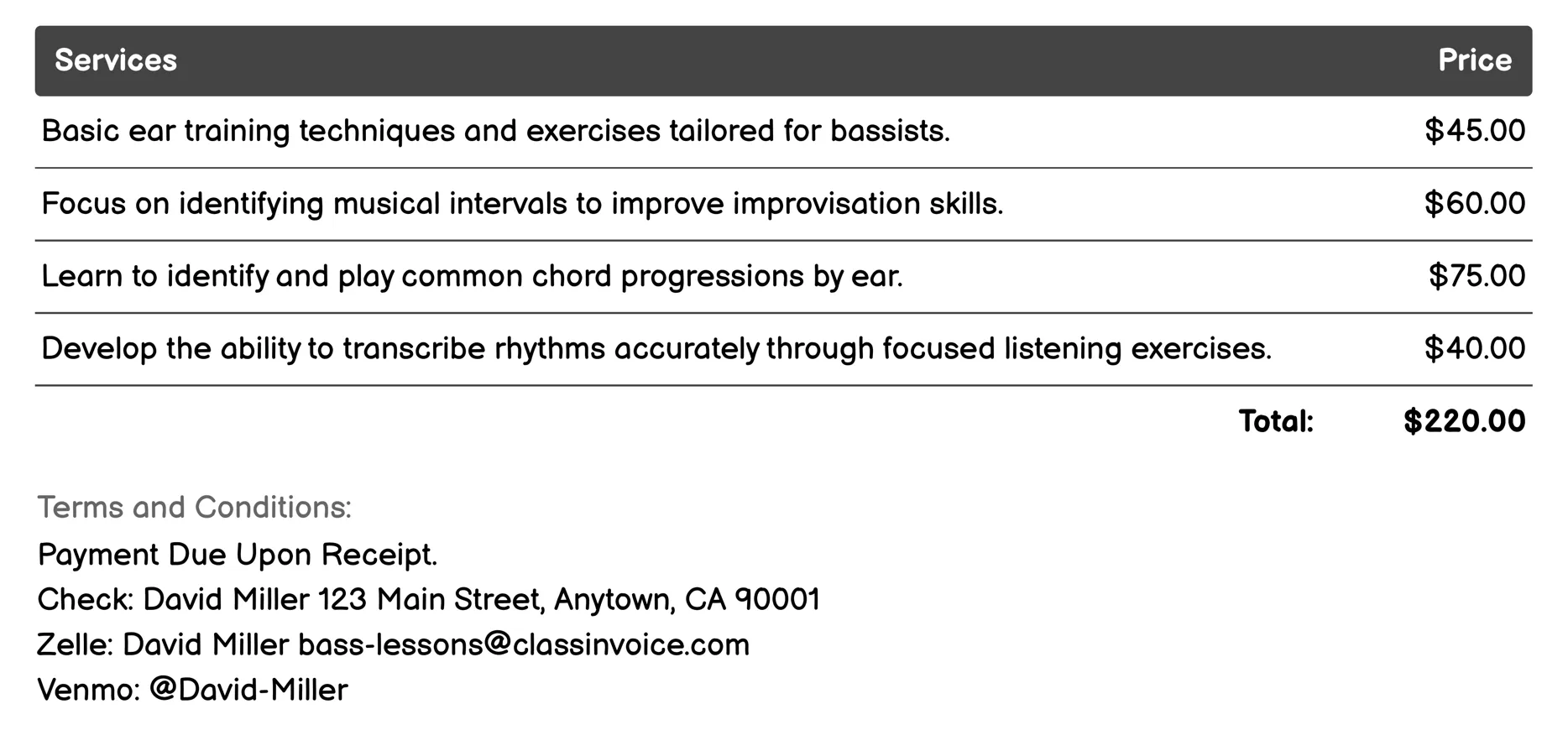 Ear Training for Bassists Invoice Example