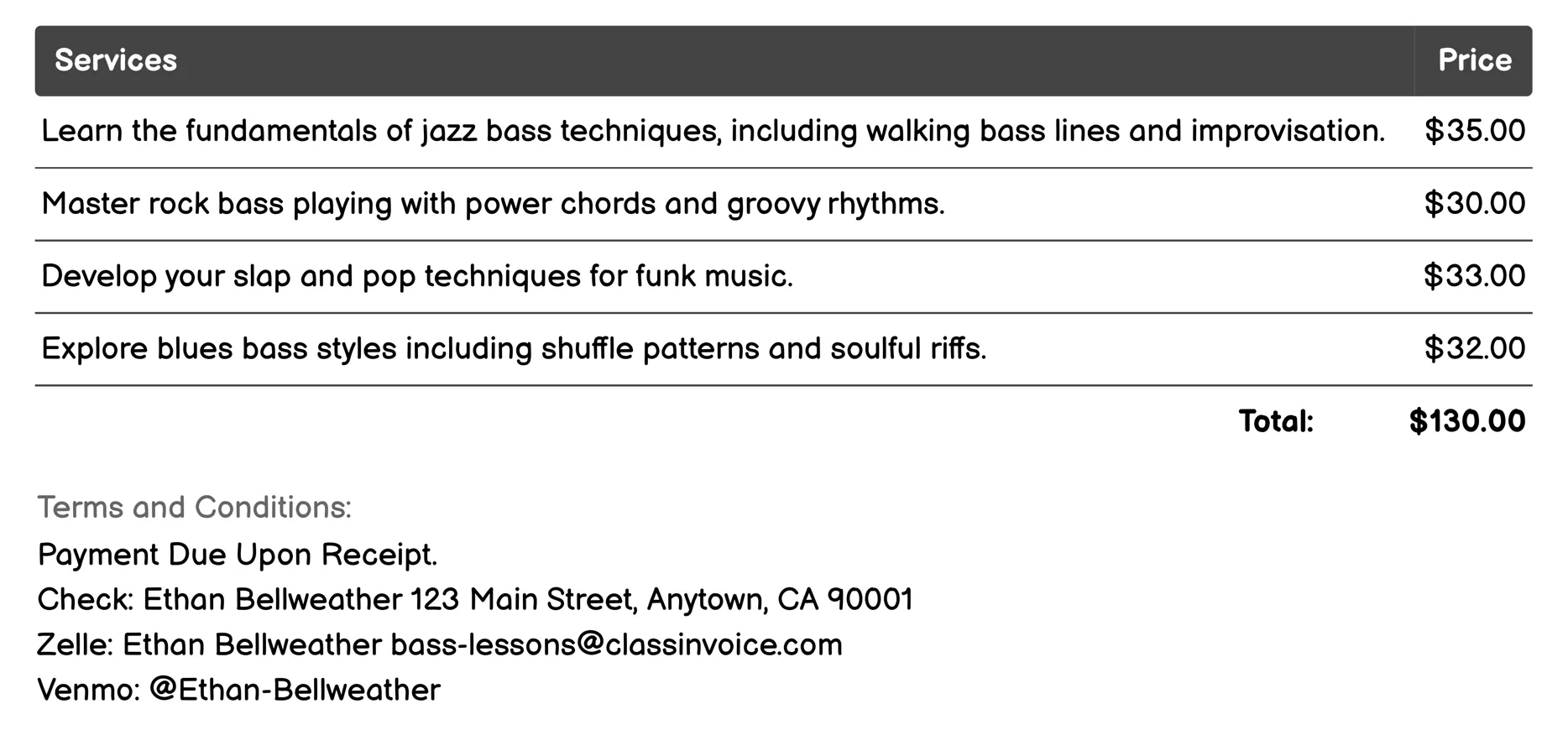 Genre-Specific Bass Lessons Invoice Example