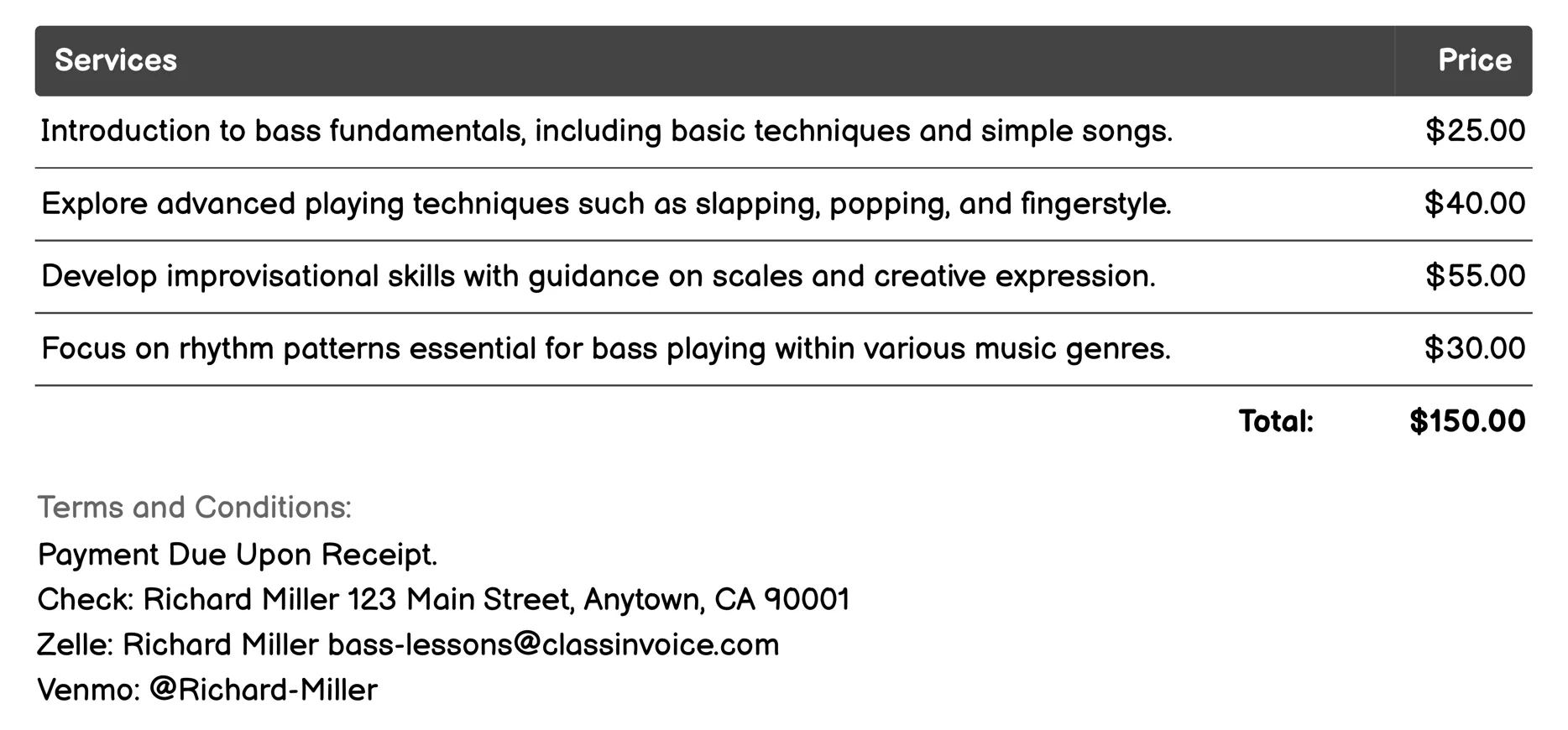 Rhythm and Groove Sessions Invoice Example