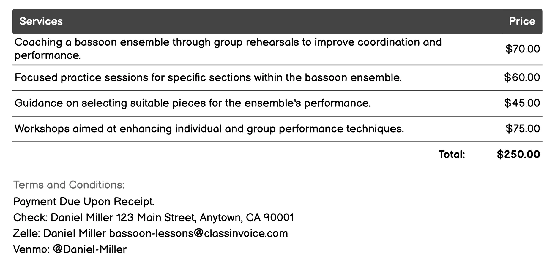 Bassoon Ensemble Coaching Invoice Example