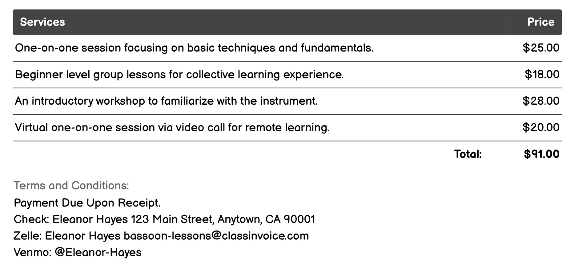 Beginner Bassoon Lessons Invoice Example