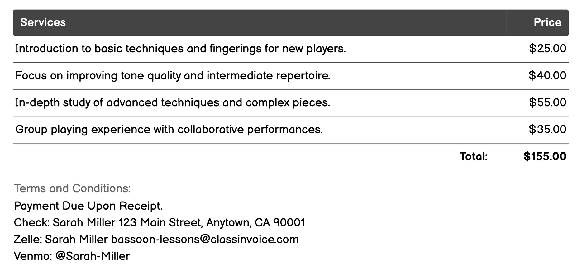Group Bassoon Classes Invoice Example