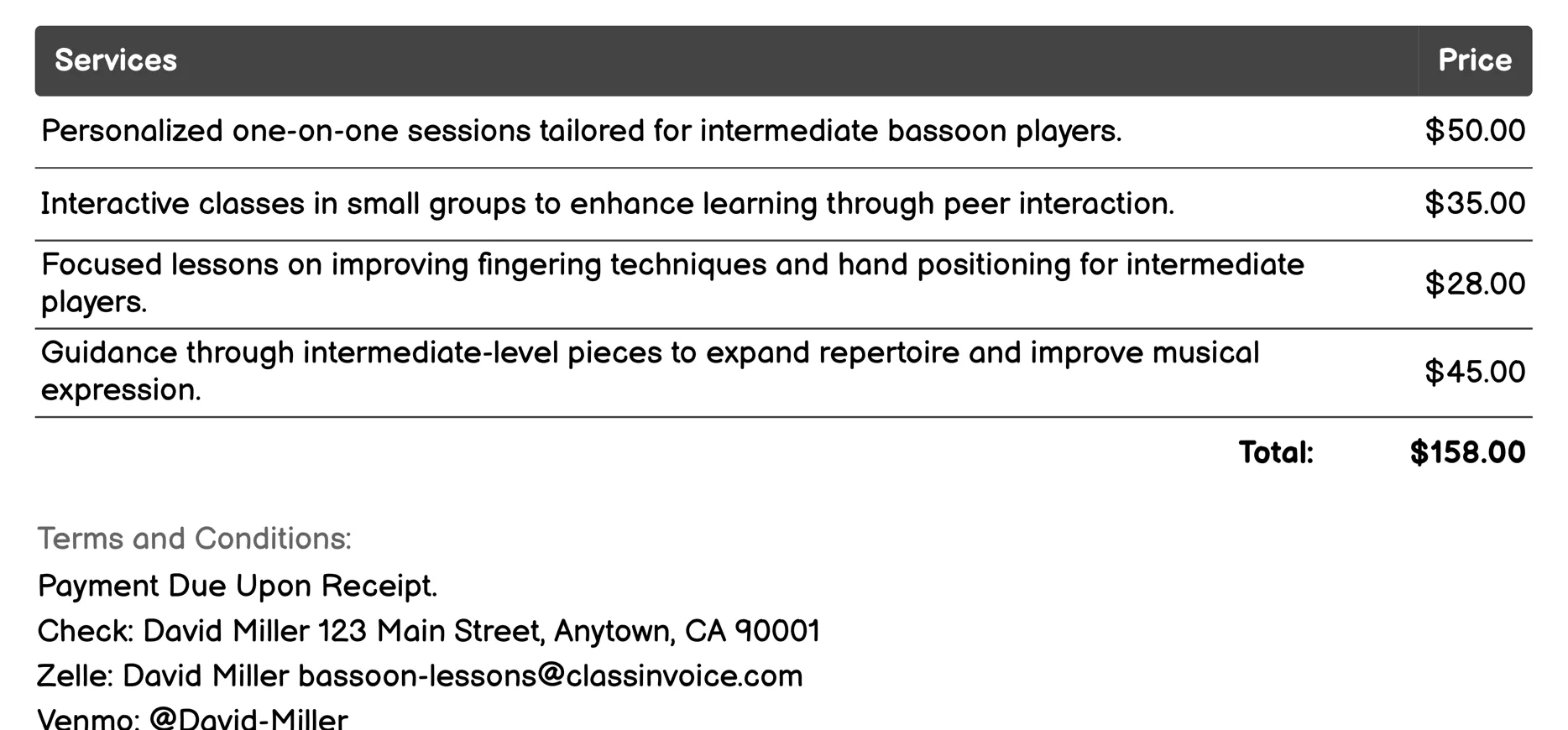 Intermediate Bassoon Lessons Invoice Example