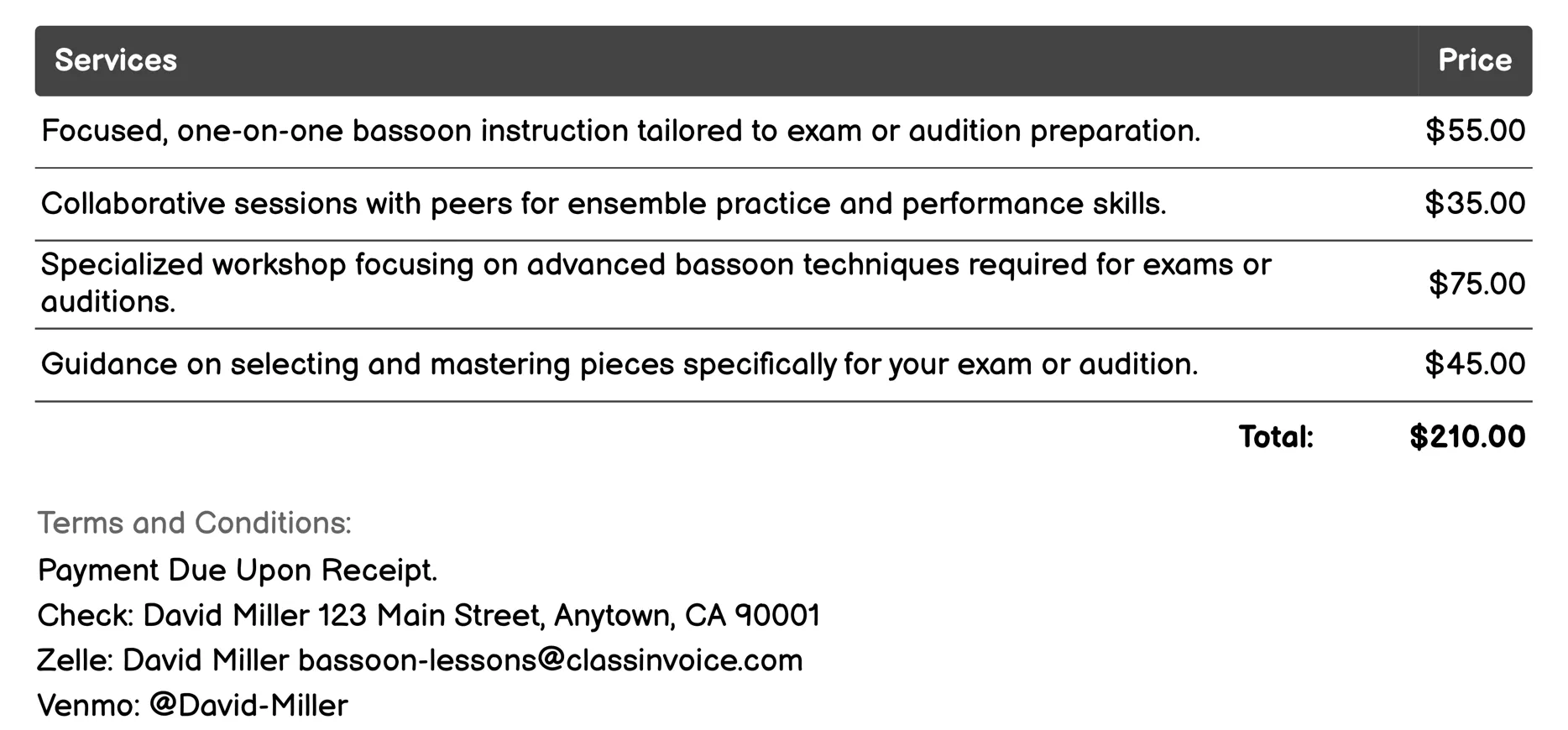 Preparatory Lessons for Exams or Auditions Invoice Example
